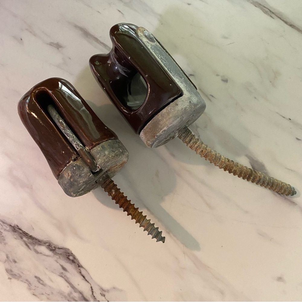 Pair of vintage 1940s brown ceramic electrical insulators
